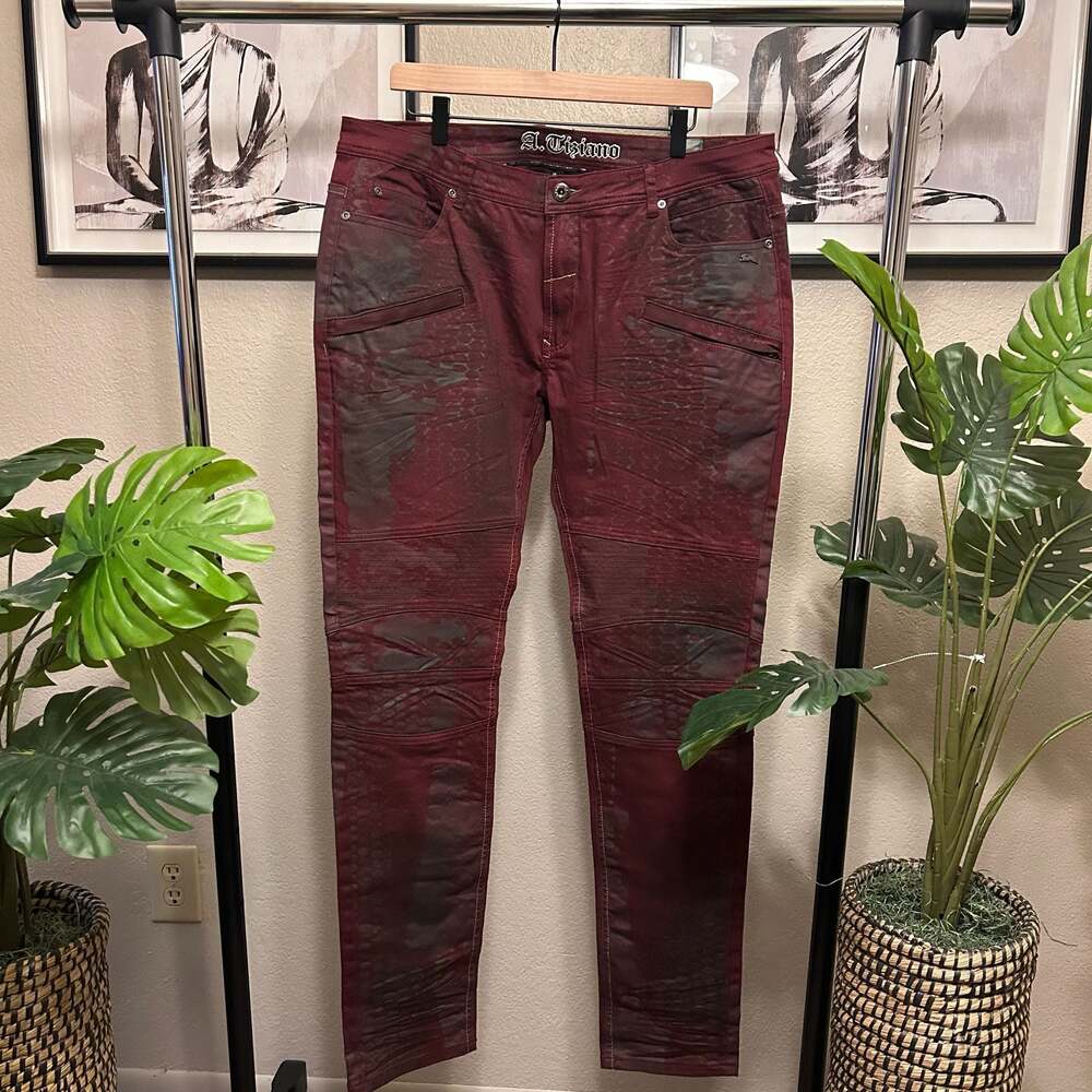 A. Tiziano Men's Size 38 Burgundy Moto Biker Jeans j3 - Picture 2 of 6